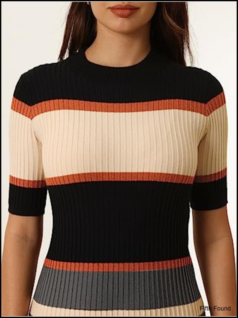 Hobemty Women's Knit Striped Midi Sweater Dress Short Sleeve Ribbed Mock Neck - Picture 3 of 5